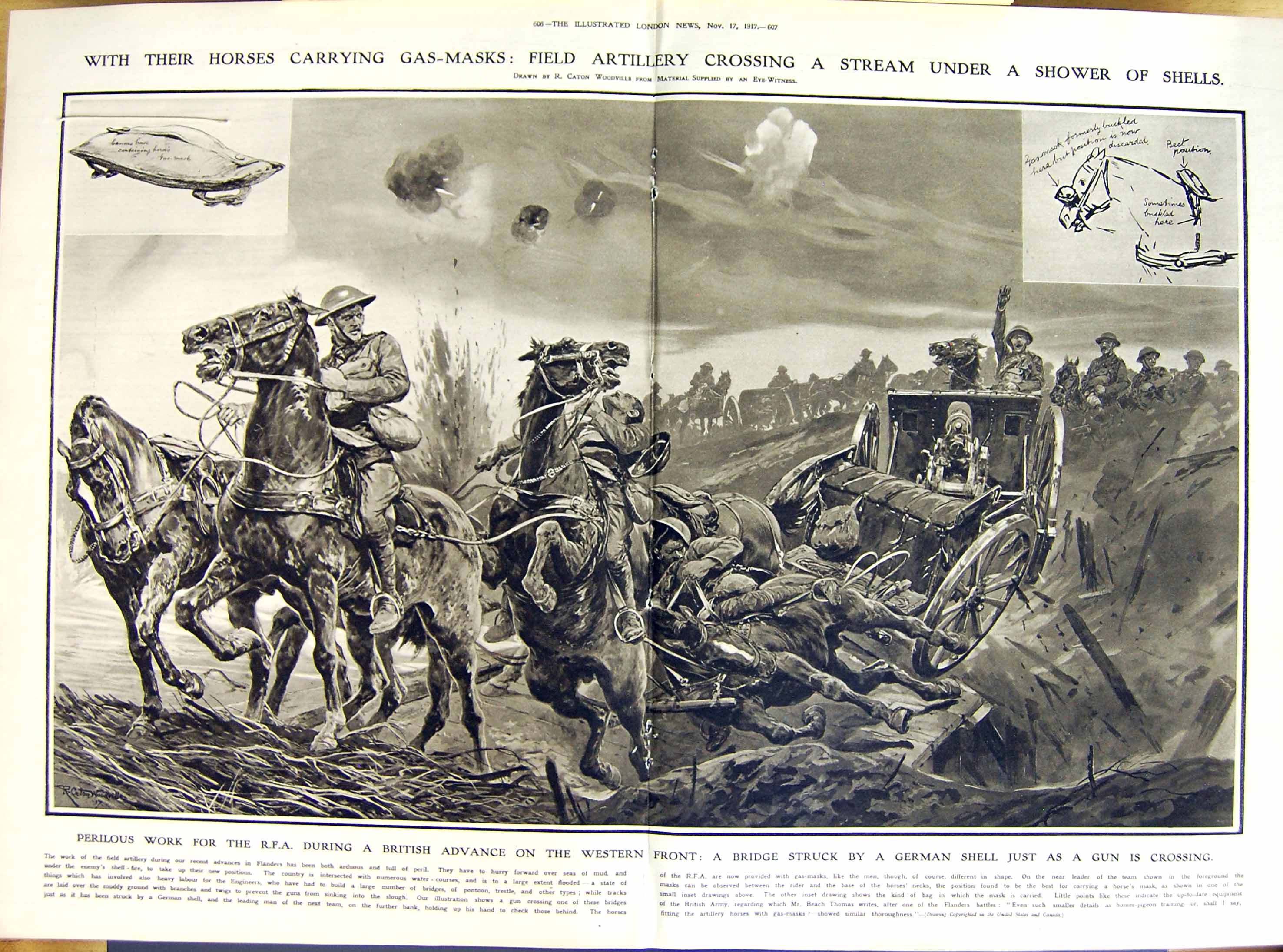 Old Vintage Print 1917 War Horses Gas-Masks R.F.A. Western Front Allenby 20th