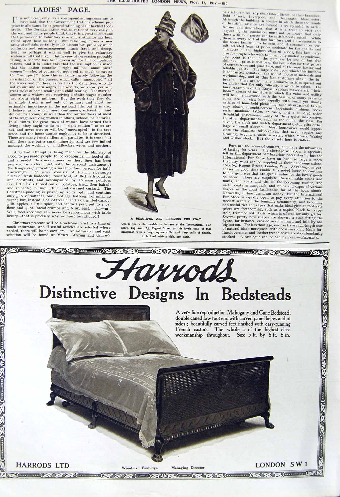 Old Vintage Print 1917 Fur Coat Fashion Harrods National War Bonds Saving 20th