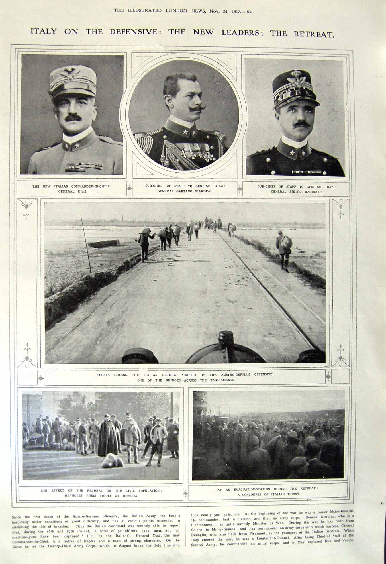 Old Vintage Print 1917 Italy Diaz Giardino Badoglio Brescia War Palestine 20th
