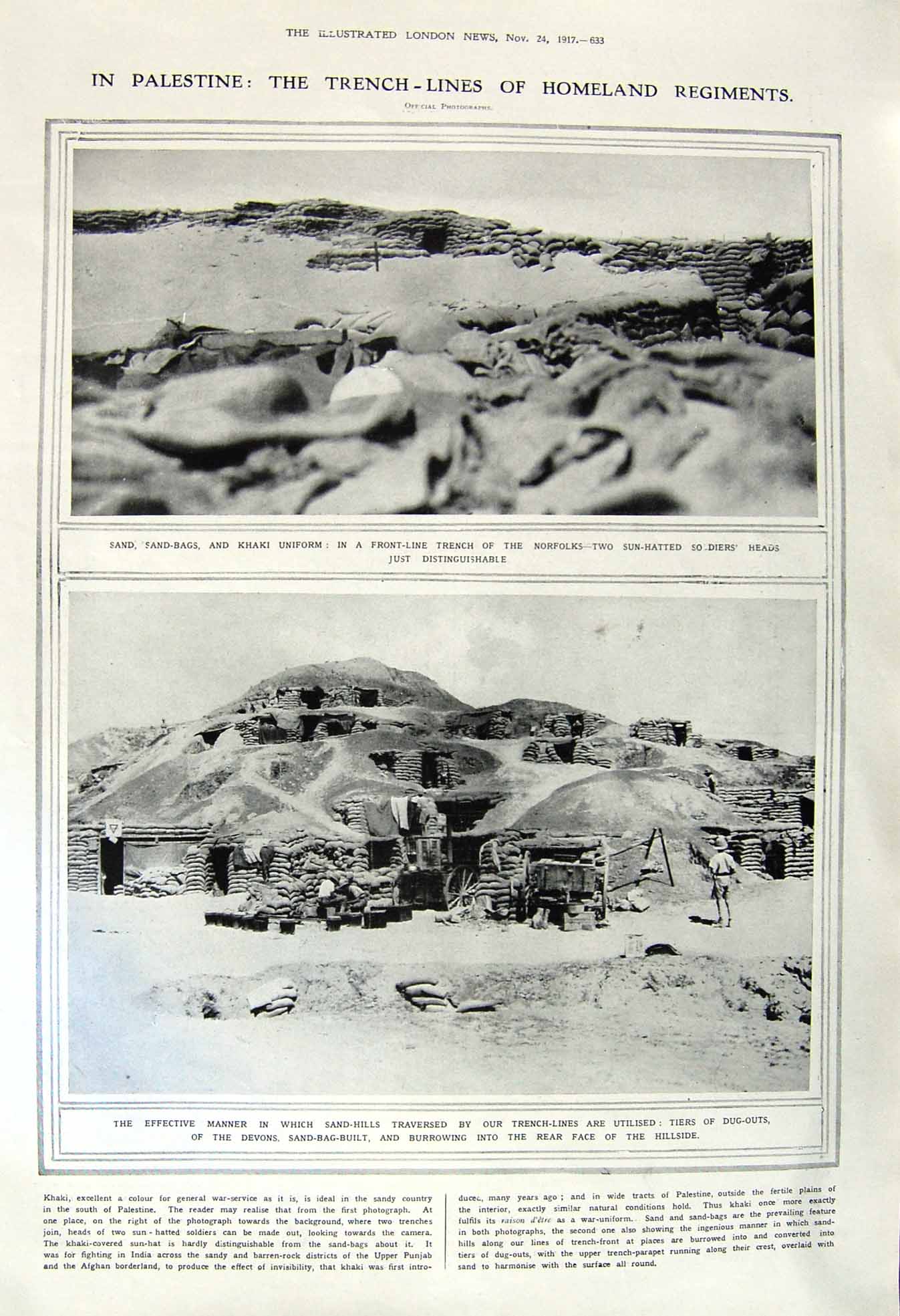 Old Vintage Print 1917 Palestine Sand-Bags Norfolks War Samson Gaza Army 20th