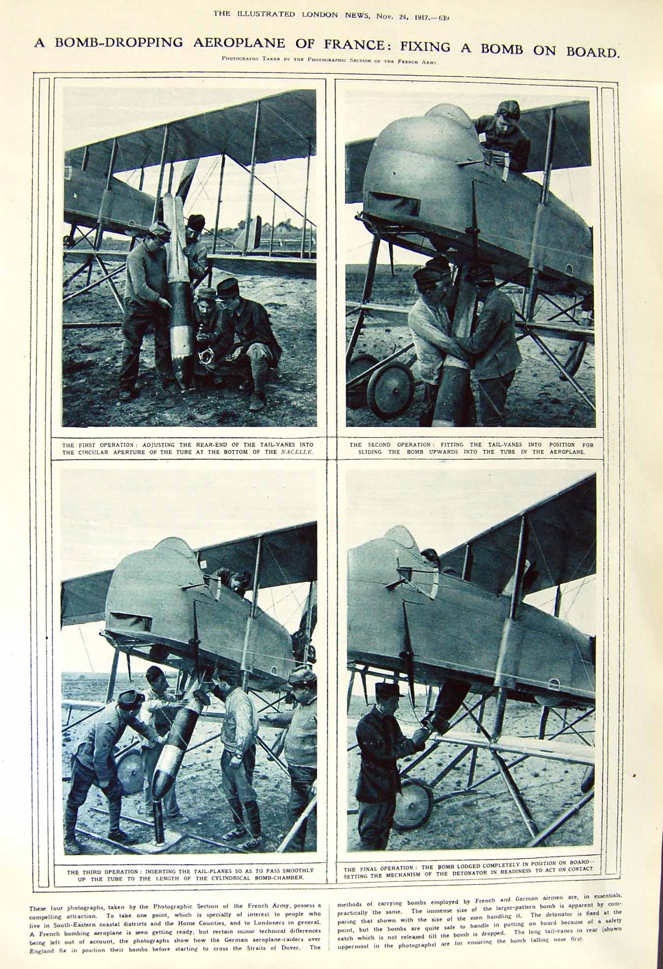 Original Old Vintage Print 1917 Bomb-Dropping Aeroplane France Belgians Big Gun
