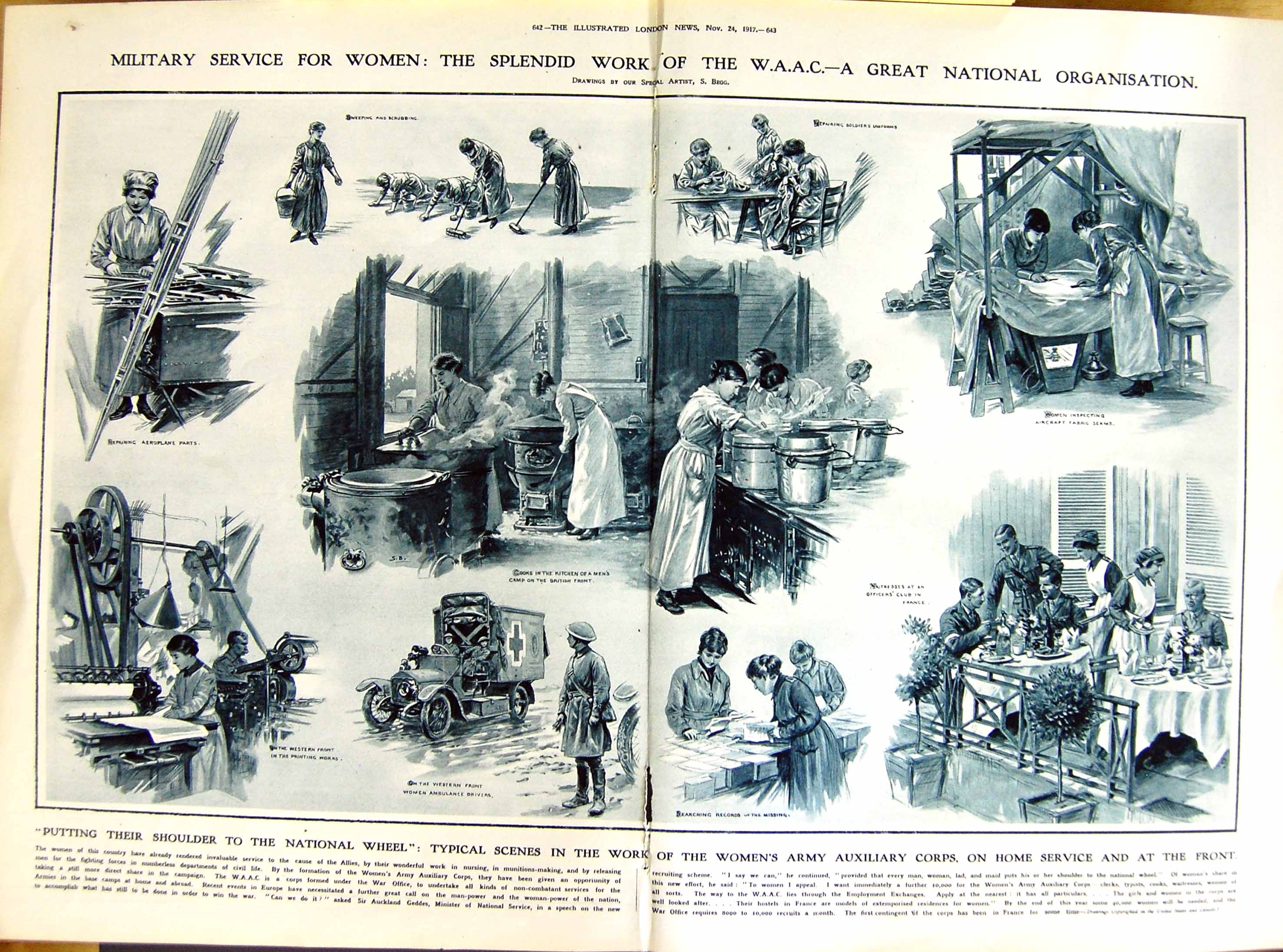 Old Vintage Print 1917 Military Women W.A.A.C. Ambulance Cooking Sewing 20th