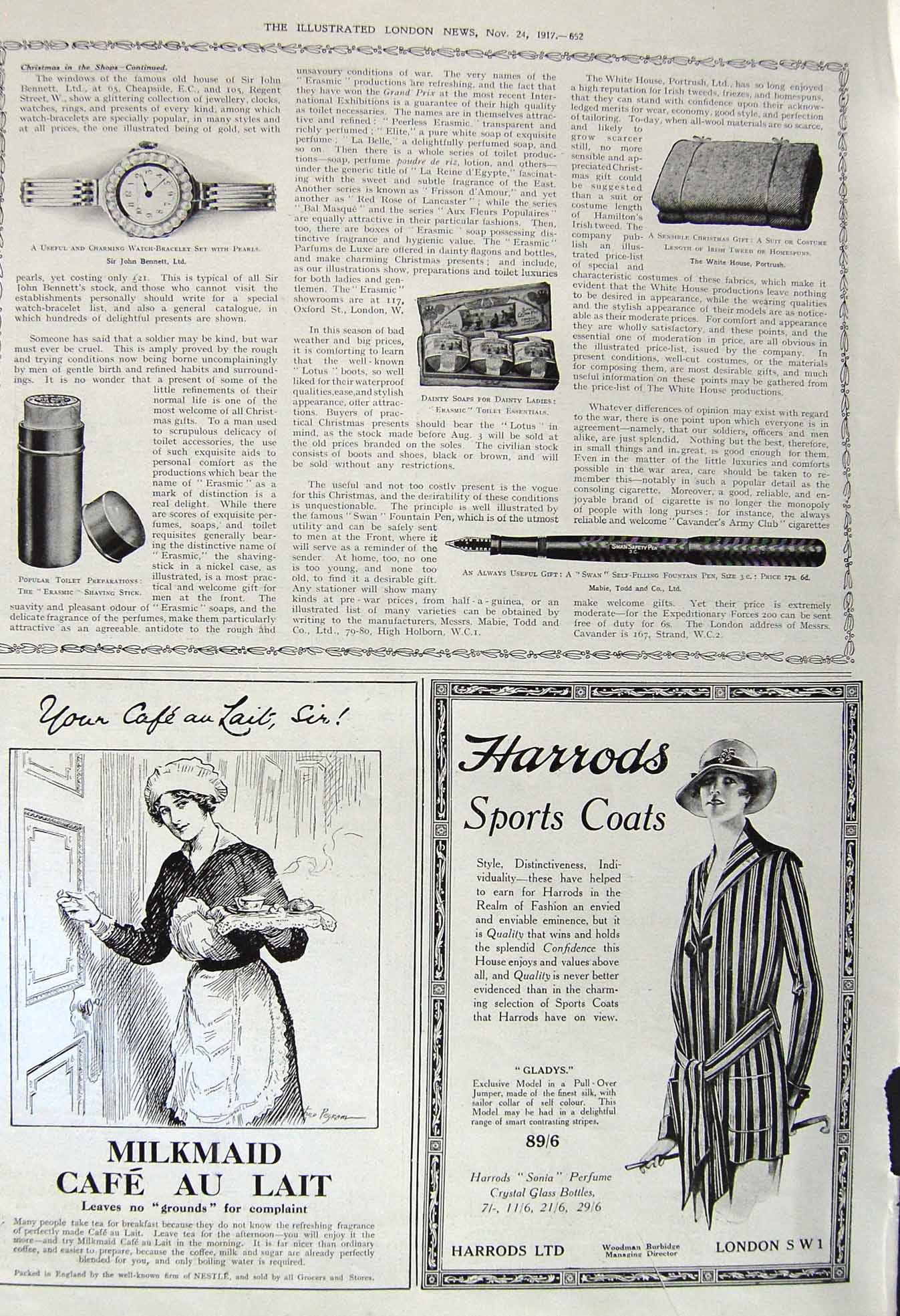 Original Old Vintage Print 1917 Swan Fountain Pen Watch Shaving Stick Harrods