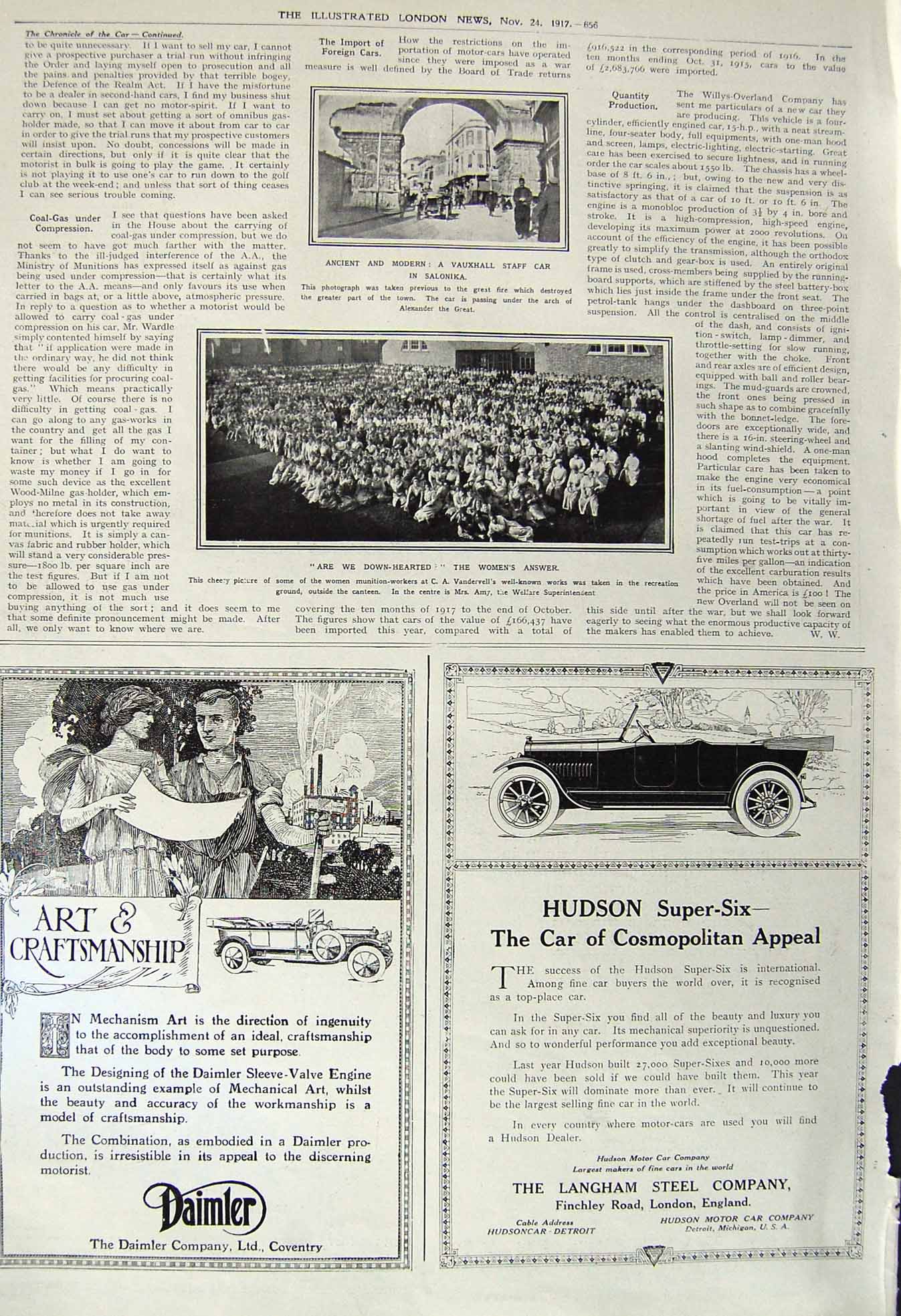 Original Old Vintage Print 1917 Vauxhall Car Salonika Vandervell Hudson Daimler
