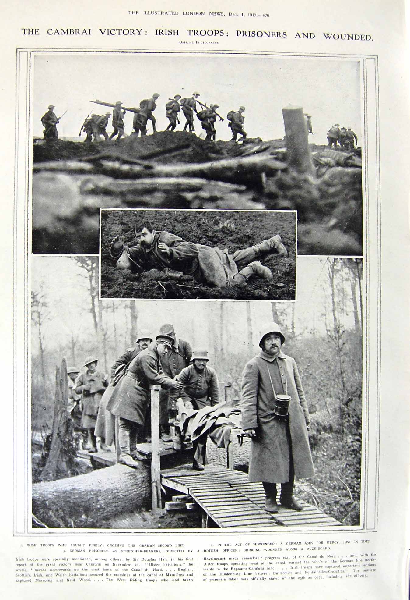 Original Old Vintage Print 1917 Cambrai Irish Siers War Dug-Out German Prisoner