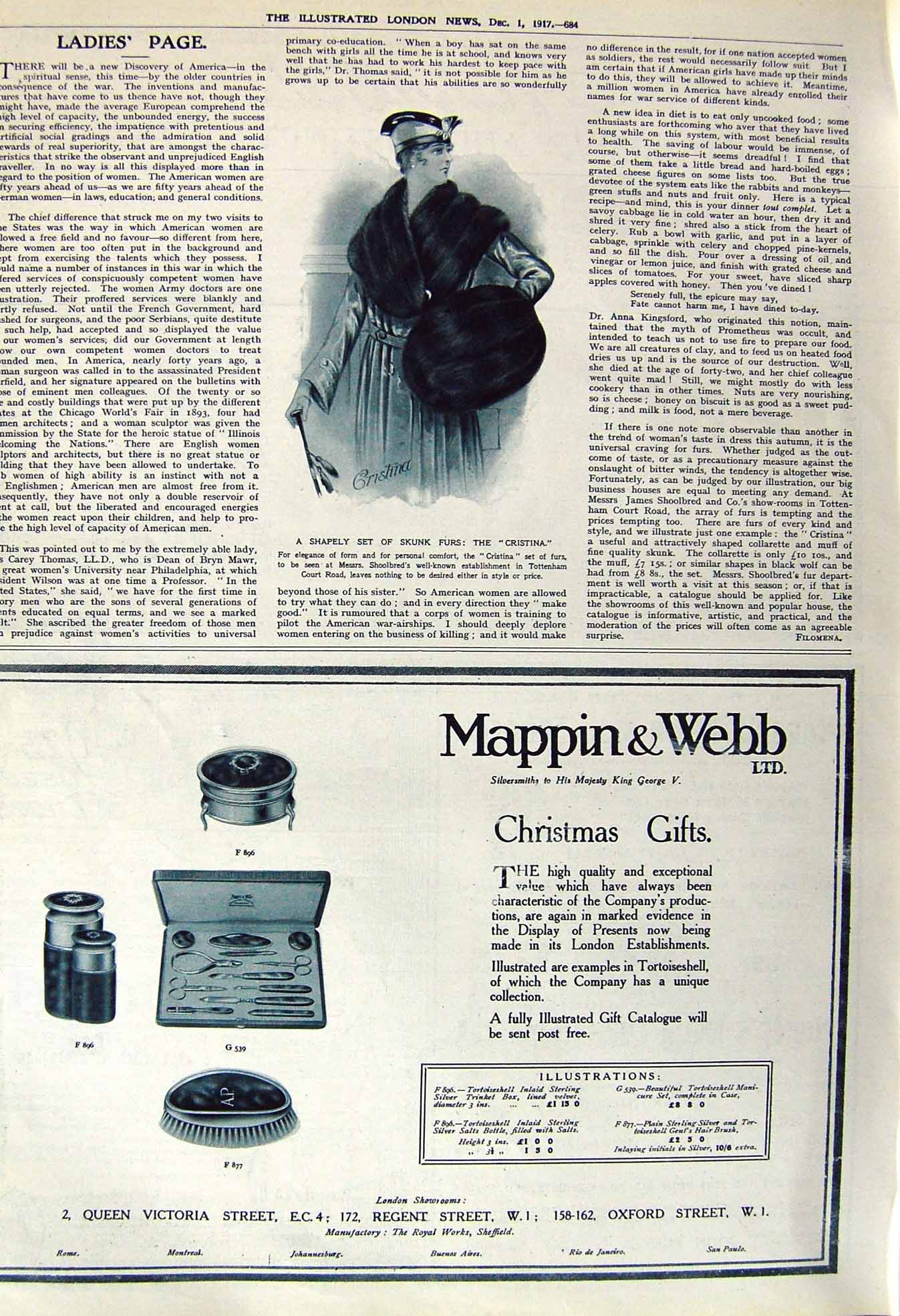 Old Vintage Print 1917 Skunk Furs Cristina Shoolbred Mappin Webb London 20th