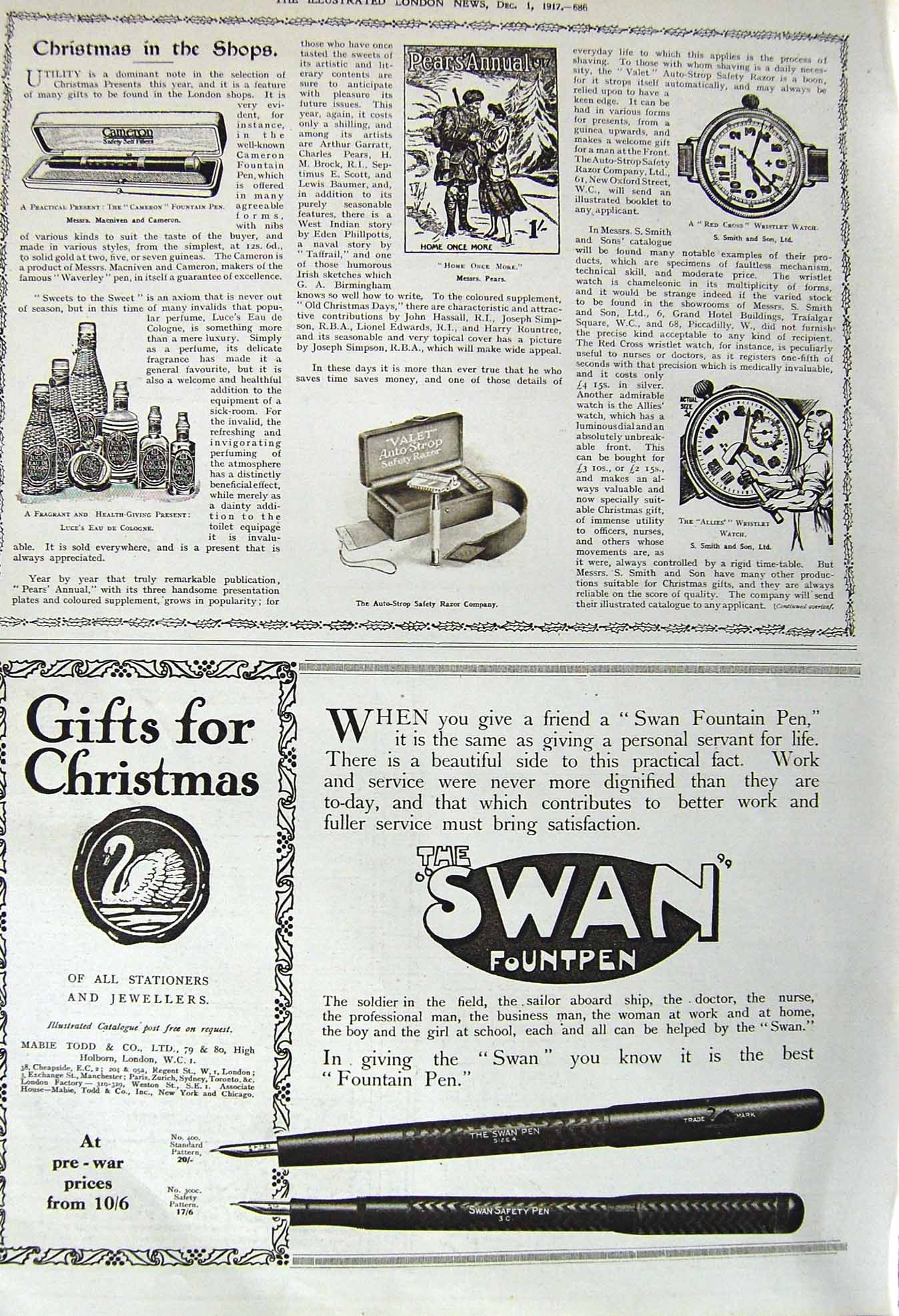Old Vintage Print 1917 Christmas Presents Fountain Pen Watch Fountain Pen 20th