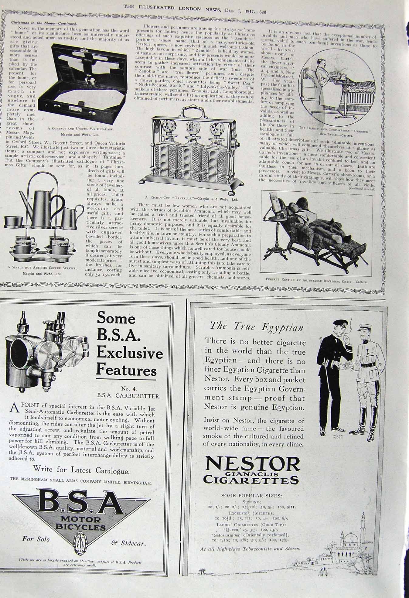 Old Vintage Print 1917 Writing Case Tantalus Reclining Chair Cigarettes 20th