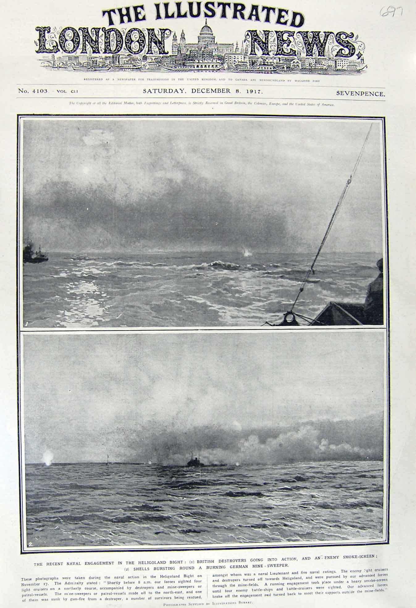 Original Old Vintage Print 1917 Navy Ships Heligoland British Destroyers German