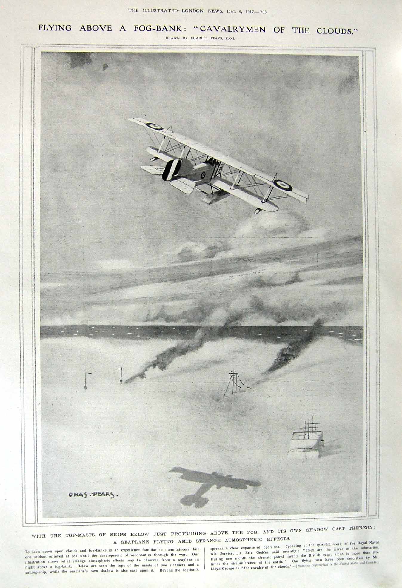 Original Old Vintage Print 1917 Ships Fog Seaplane War Brazil Germany Barboss