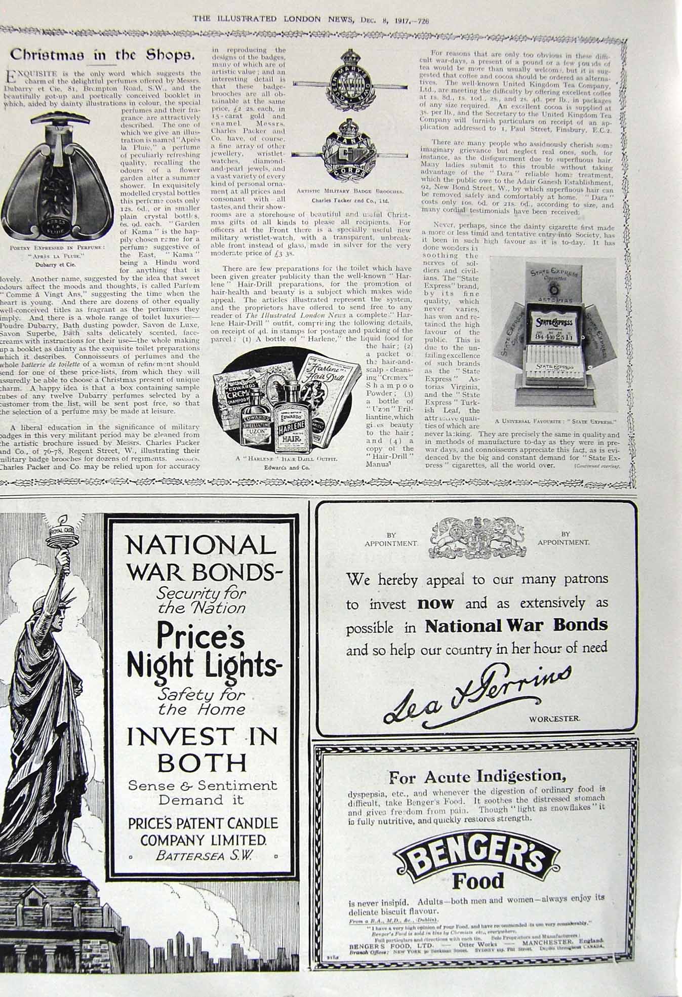 Old Vintage Print 1917 State Express Cigarettes Perfume Harlene Bengers 20th
