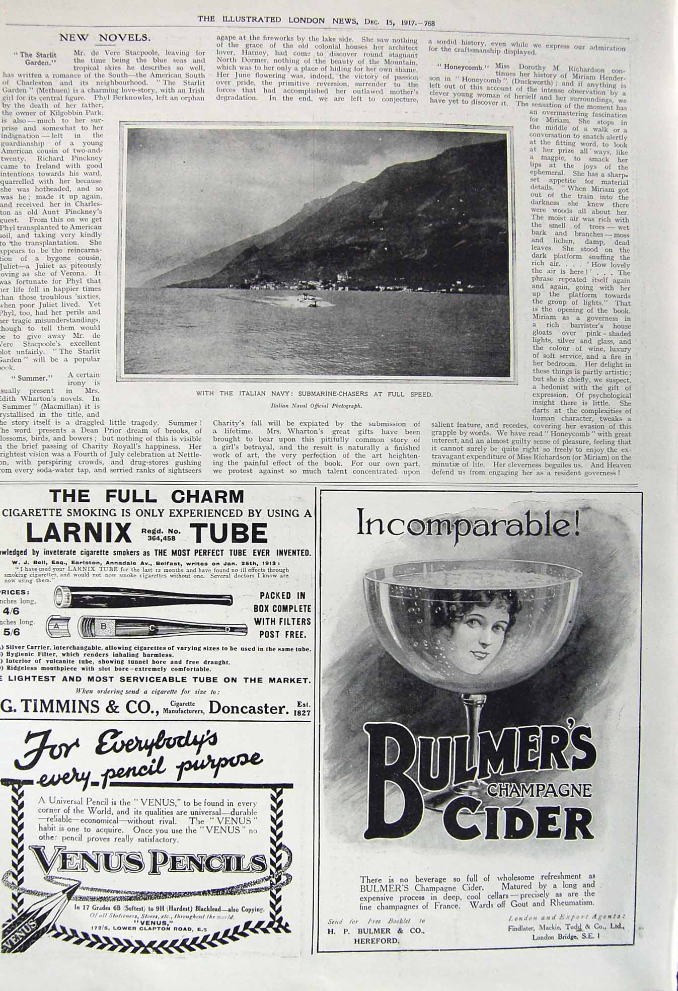 Old Vintage Print 1917 Italian Navy Submarine Chasers War Bulmers Cider 20th