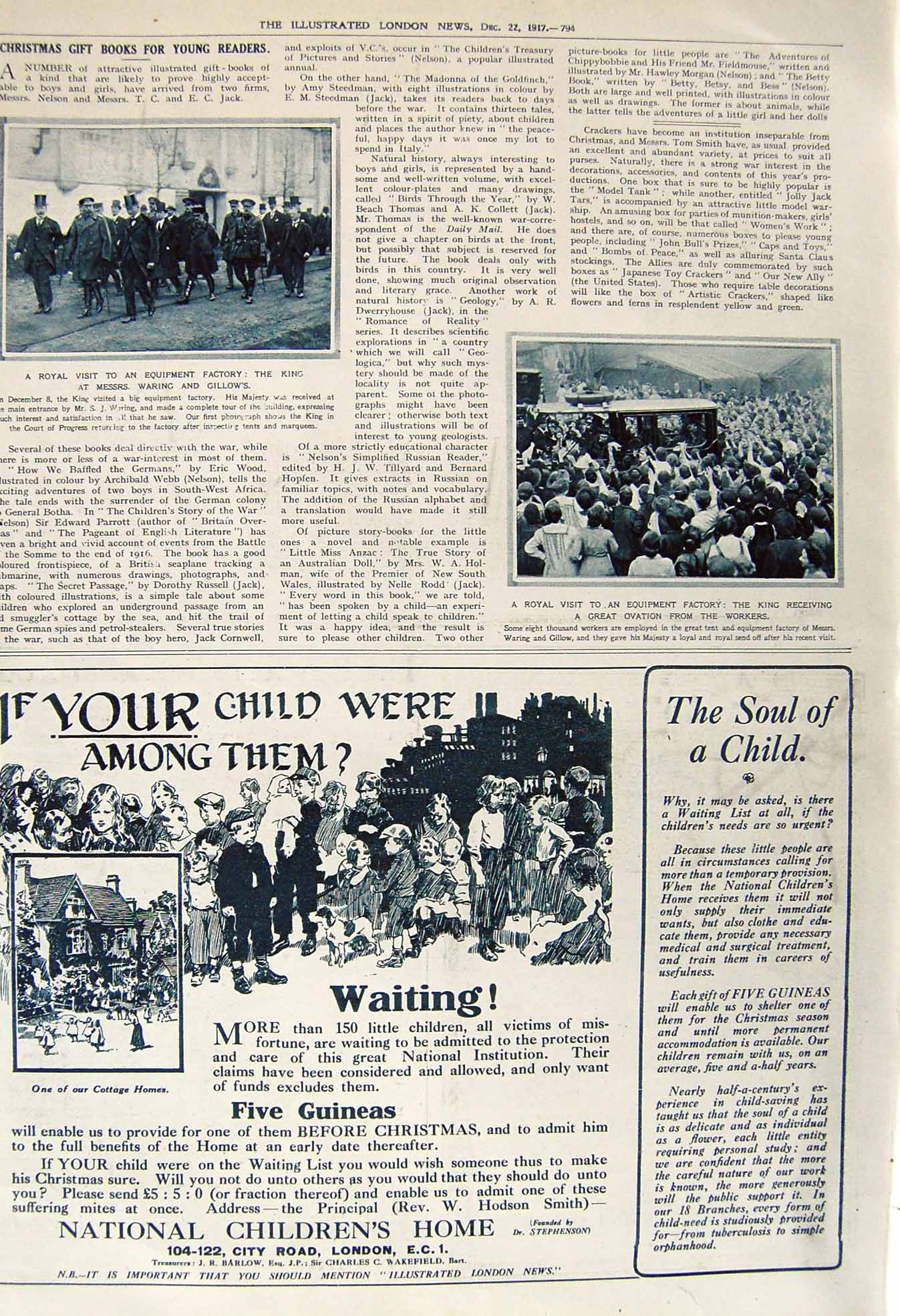 Original Old Vintage Print 1917 Factory Waring Gillows King Childrens Home 20th