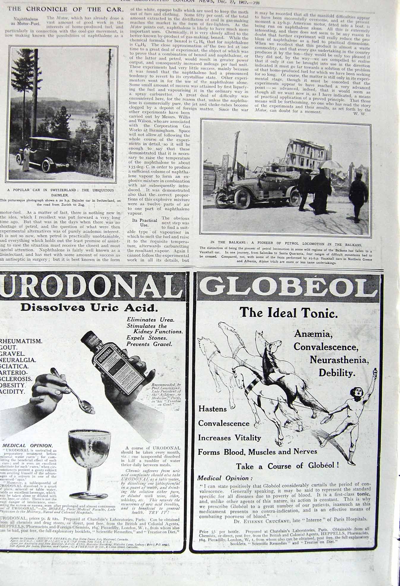 Original Old Vintage Print 1917 Motor Switzerland Daimler Balkans Petrol Car