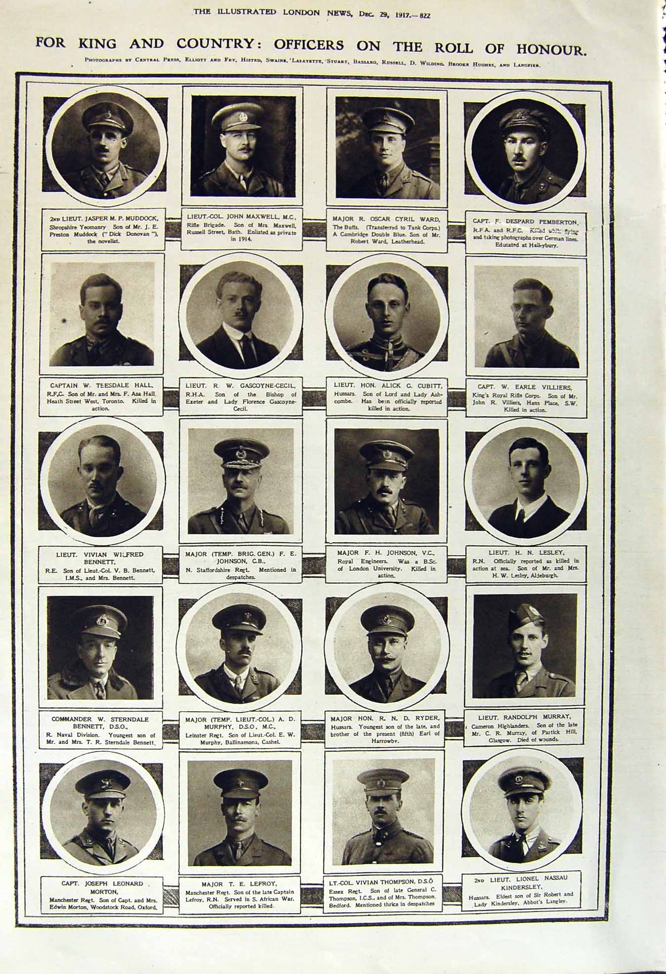 Old Vintage Print 1917 King Roll Honour Cubitt Maxwell Murphy Lefroy Ward 20th
