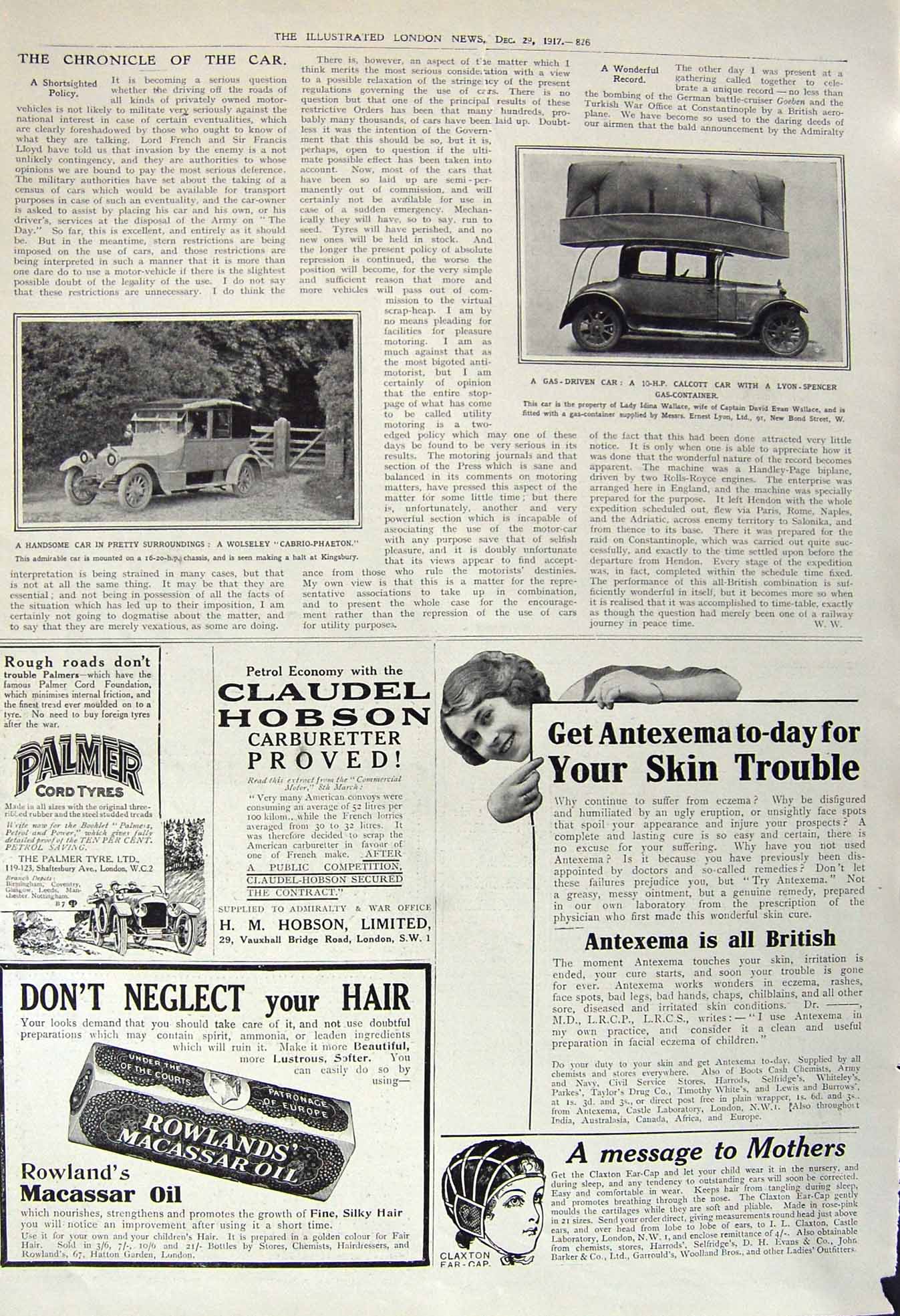 Original Old Vintage Print 1917 Gas-Driven Car Lyon-Spencer Wolseley Phaeton