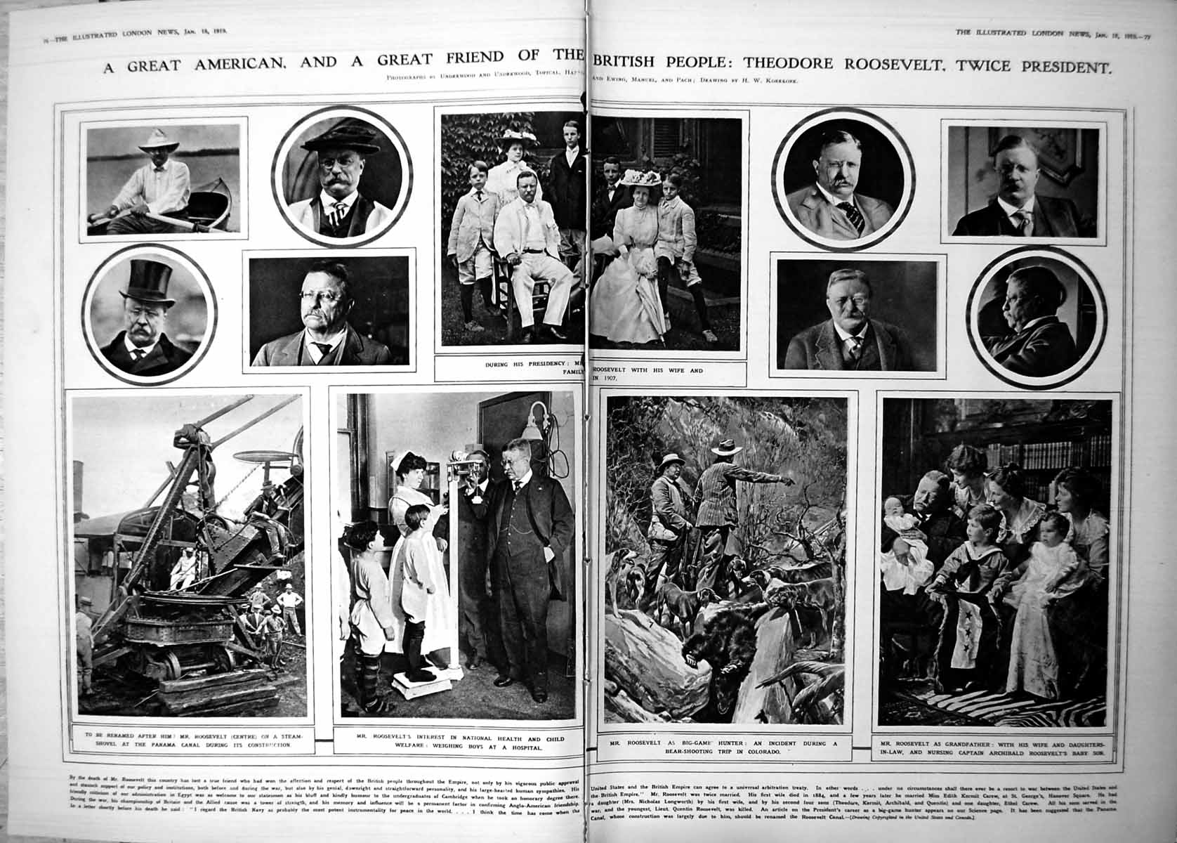 Antique Old Print Damaged Theodore Roosevelt Portraits Family Hunting 1919 0