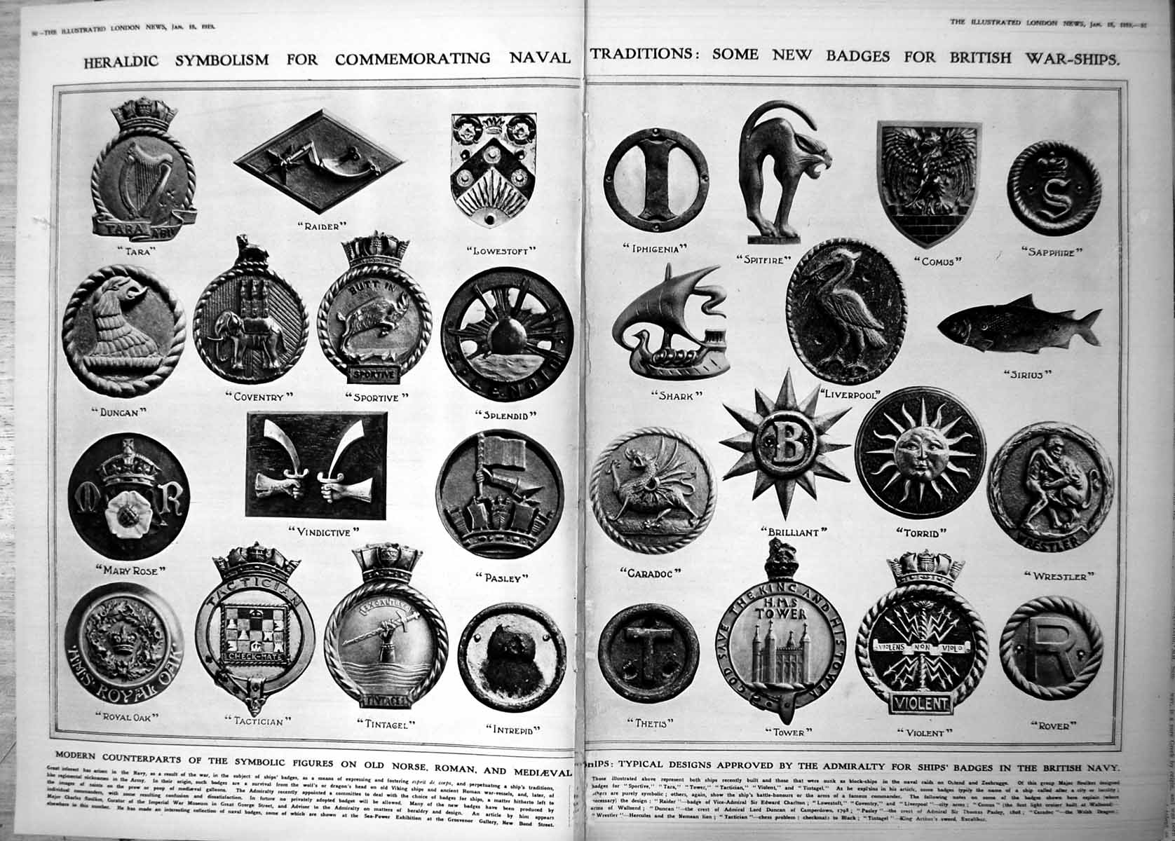 Antique Print Damaged Badges Warships Auxiliary Patrol Submarines Air 1919 0