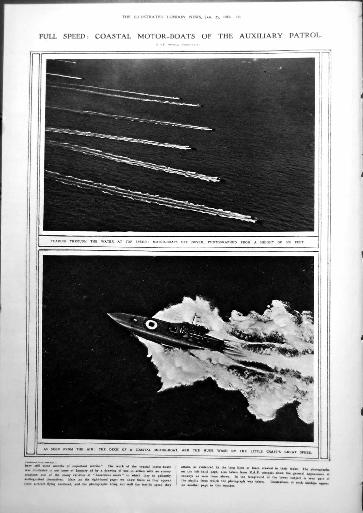 Old Print Motor Boats Off Dover Auxiliary Patrol From Air Huge Wash 1919 20th