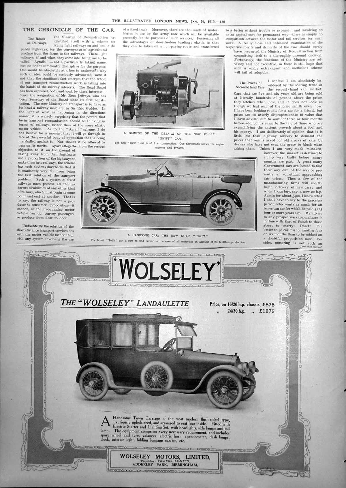 Antique Old Print New Swift Car Details Engine Magneto Dynamo Handsome 1919
