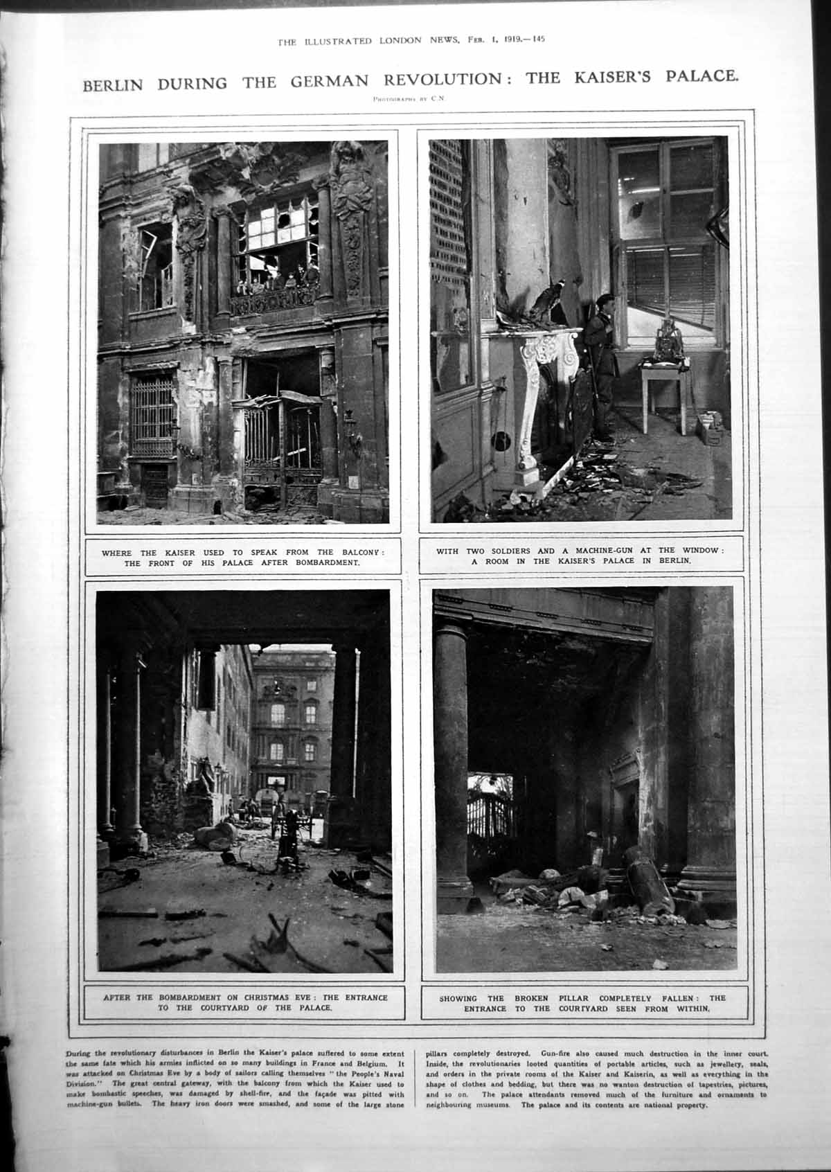 Old Print Berlin During German Revolution Kaiser'S Palace Newspaper 1919 20th