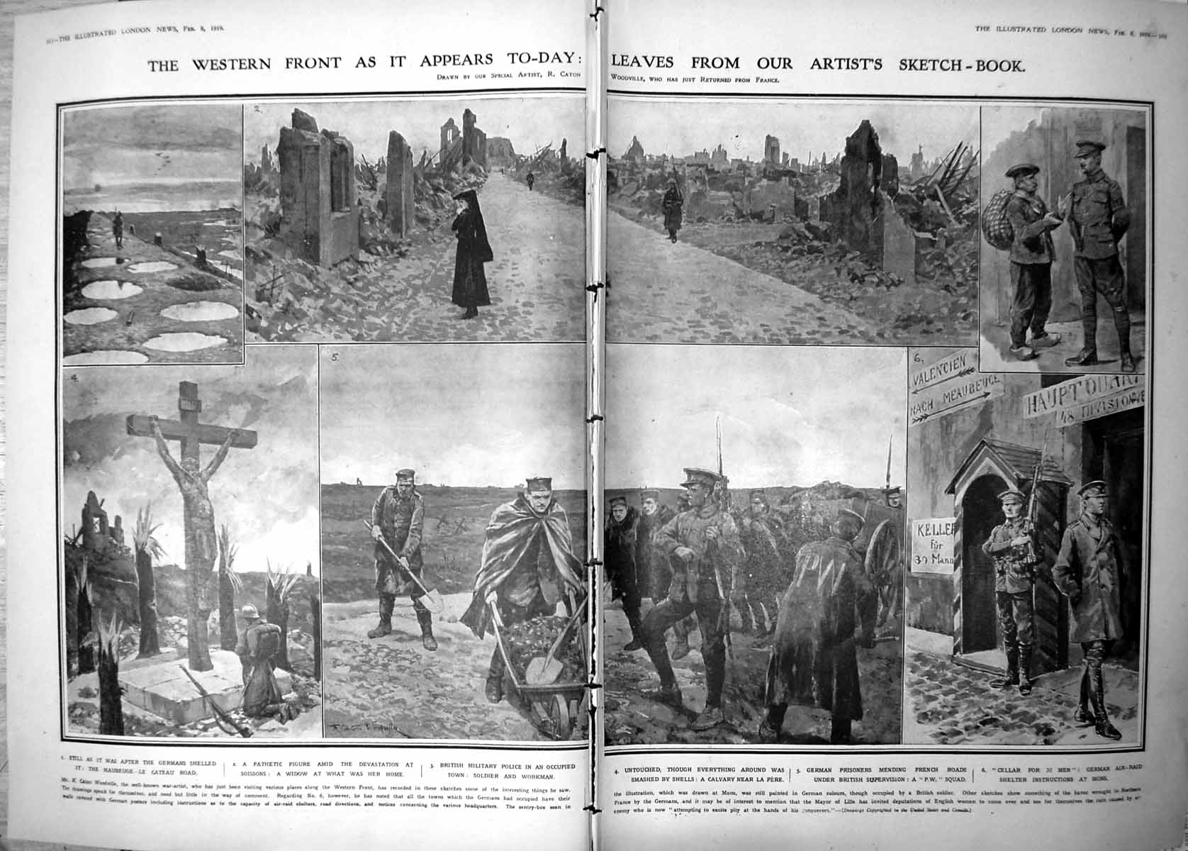 Old Print Damaged Western Front Illustrated In Artist'S Sketchbook 1919 20th