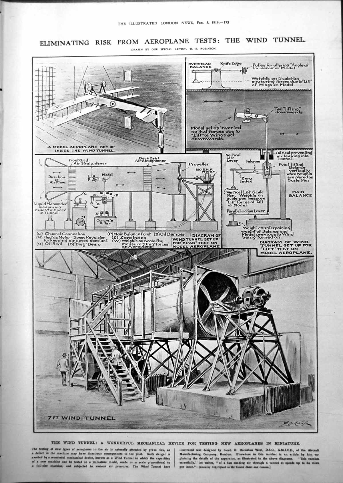 Antique Old Print Wind Tunnels Test Aeroplane Models Tank Smoke Screens 1919