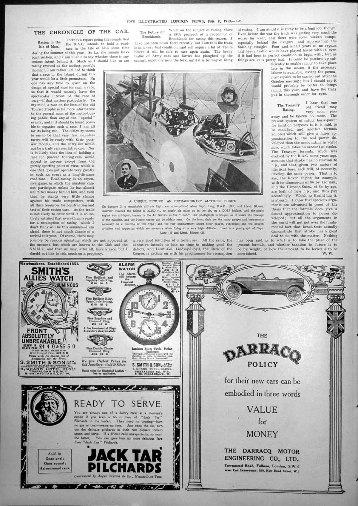 Old Altitude Flight Capt Lang Lieut Blowes 30,500 Feet Dh9 Biplane 1919