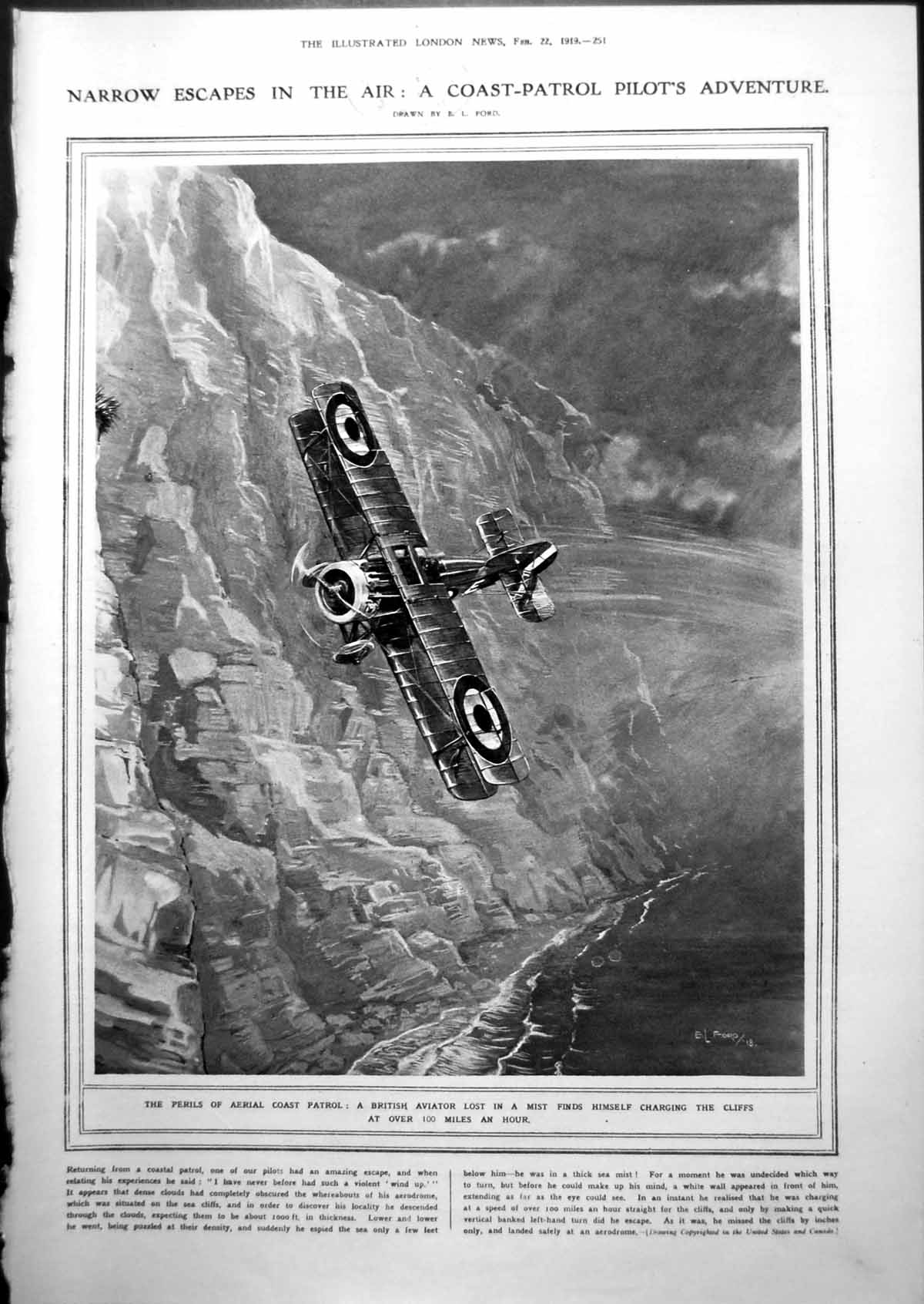 Old Print Aeroplane Perils Mist Cliffs Coins Macedon Early British 1919 20th