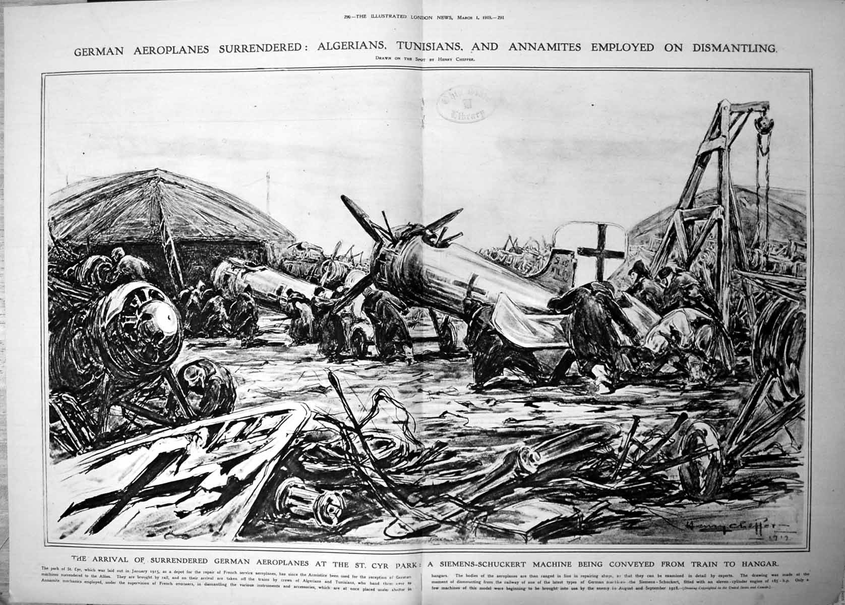 Antique Old Print German Aeroplanes Surrendered Dismantling In Progress 1919