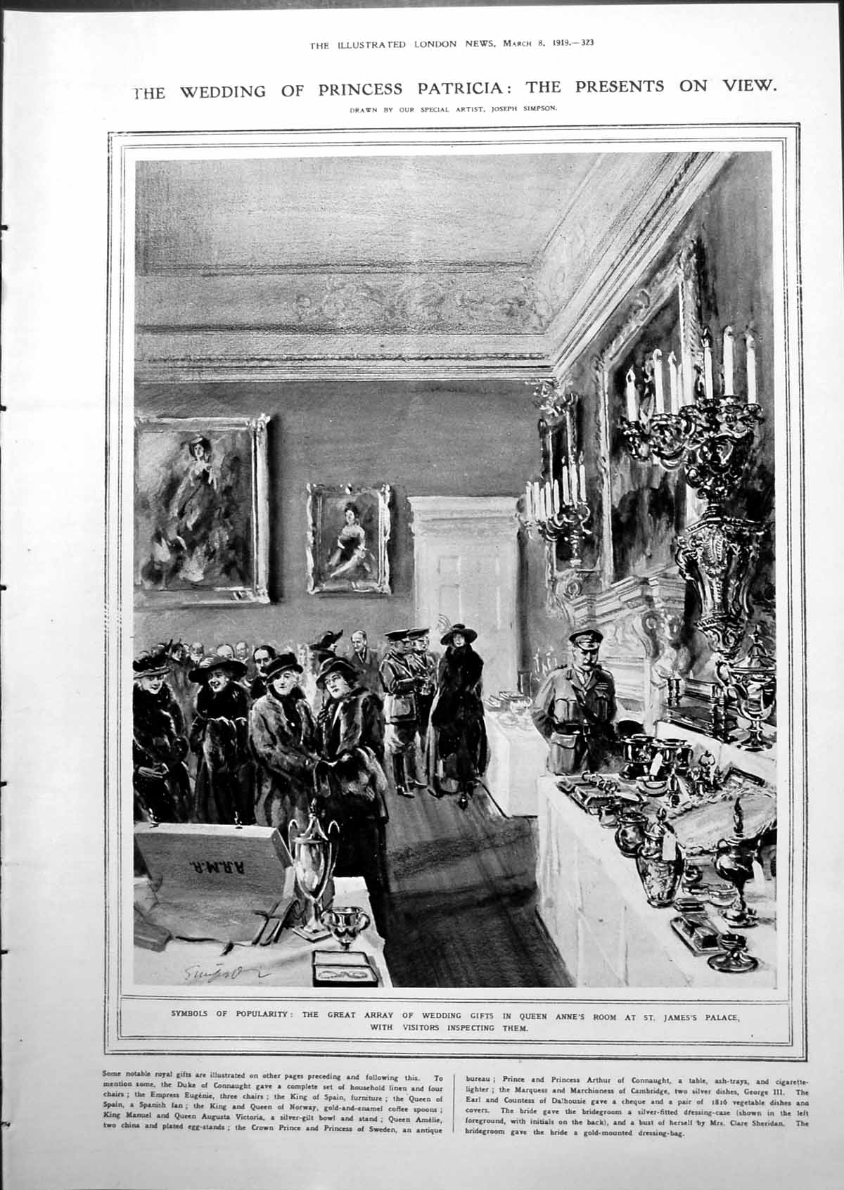 Antique Print Wedding Princess Patricia Presents Gifts Royal Masonic 1919 20th