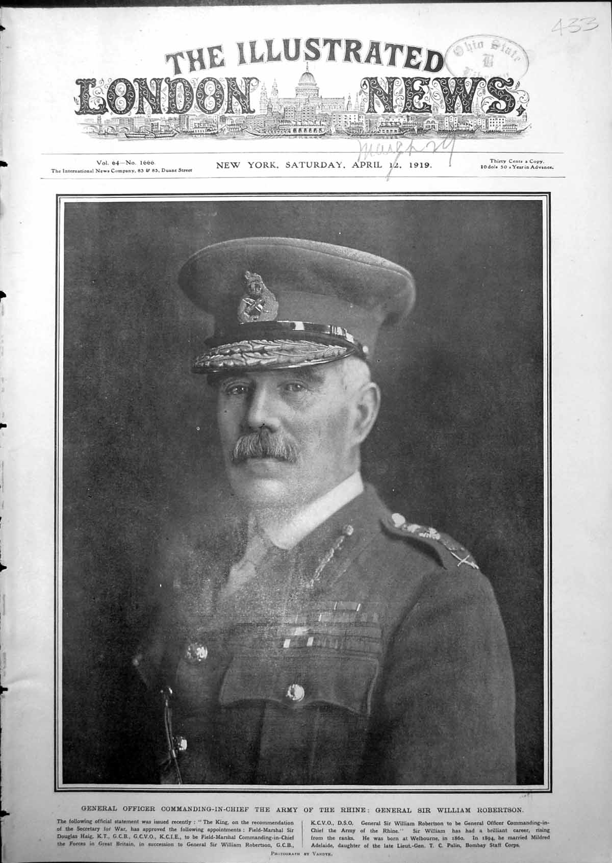Antique Old Print General Sir W. Robertson Earl Cavan Eton Guard Honour 1919
