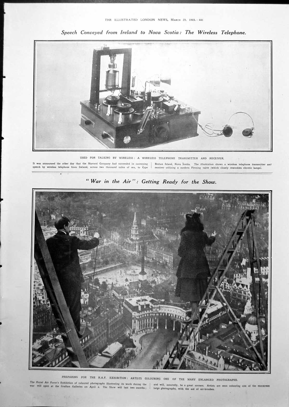 Old Print Wireless Telephone Raf Exhibition Bronze Horses St Marks 1919 20th