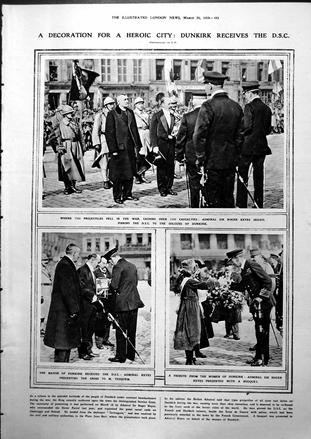 Old Print Dunkirk Receives D.S.C. Admiral Sir R Keyes Prince Aimone 1919 20th