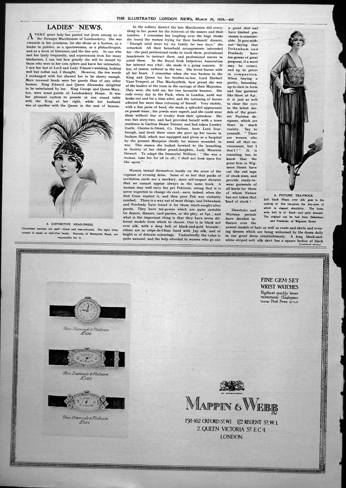 Old Print Ladies' Distinctive Head-Dress Glycerined Feathers Harrods 1919 20th