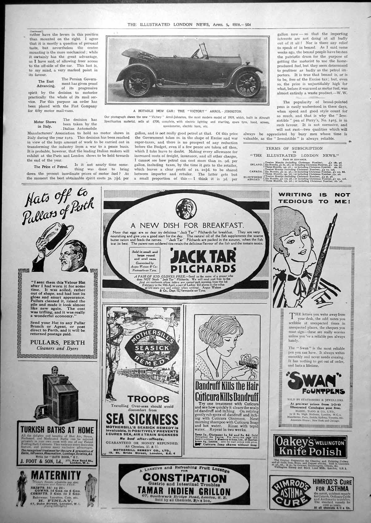 Antique Old Print Notable New Car Victory Arrol-Johnston Aircraft Spec 1919