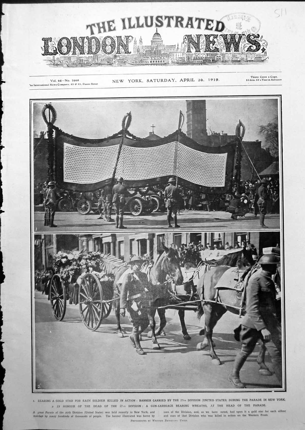 Old Print Honours 27Th Division United States Victory Arch New York 1919