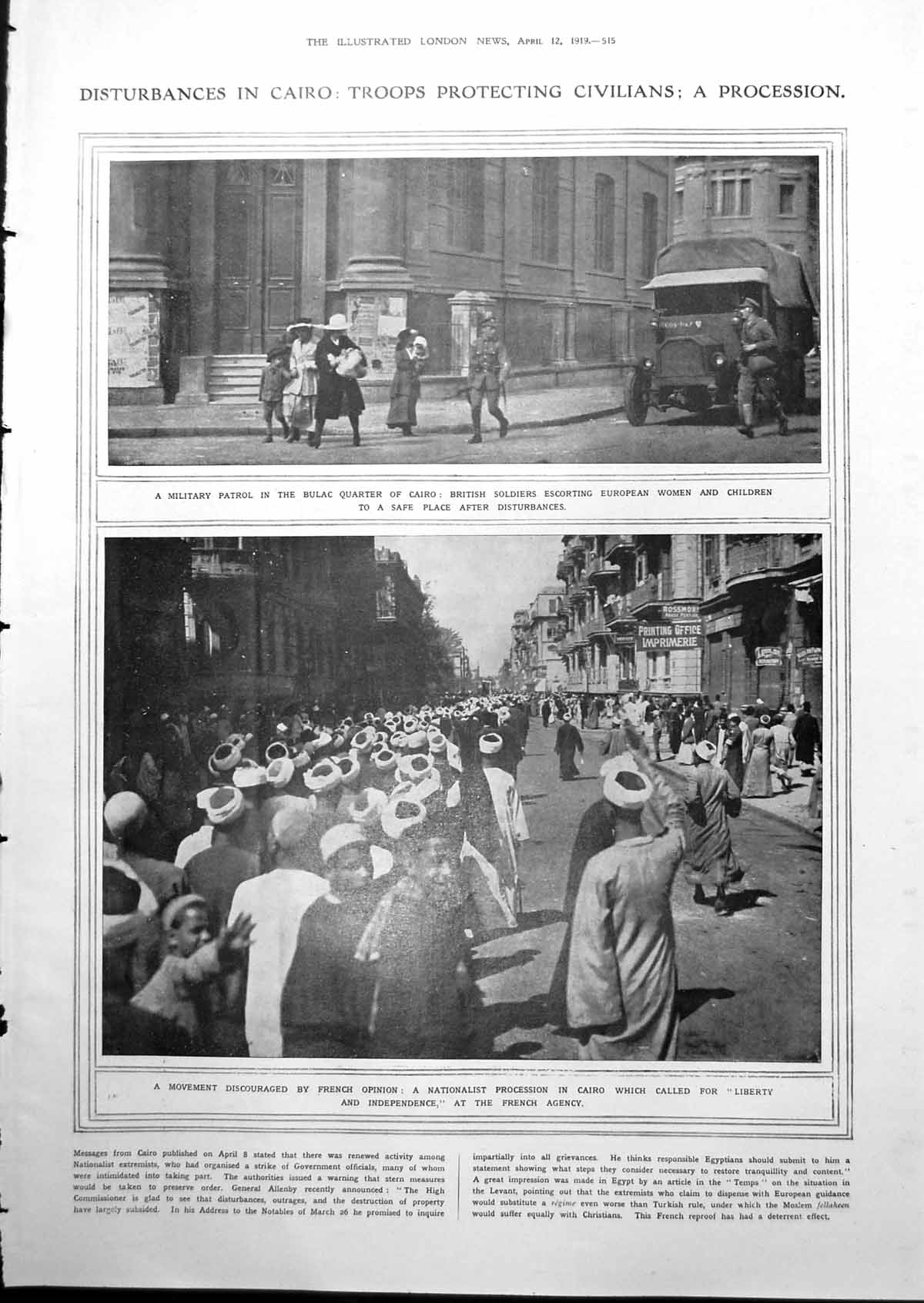 Antique Old Print Disturbances Cairo Escort Procession Sir Douglas Haig 1919