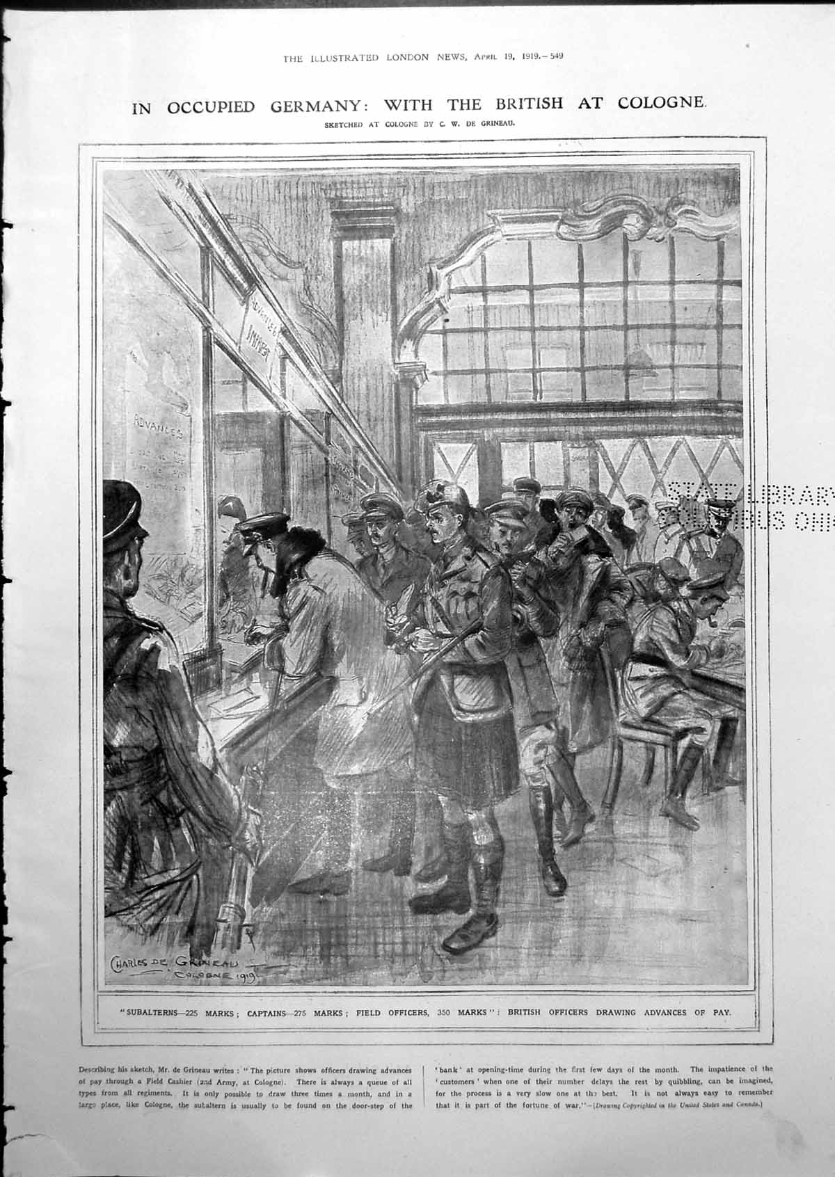 Old Print British Officers Drawing Advances Pay Dazzle Painted Ship 1919 20th