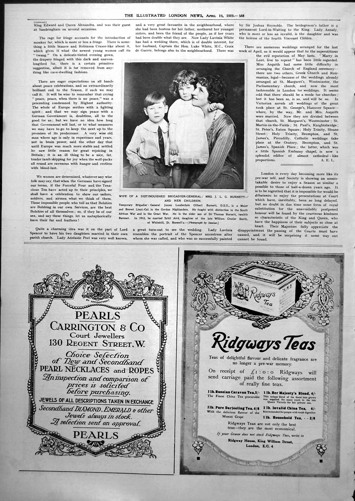 Antique Old Print Mrs Jlg Burnett Wife Brigadier General And Children 1919 20th