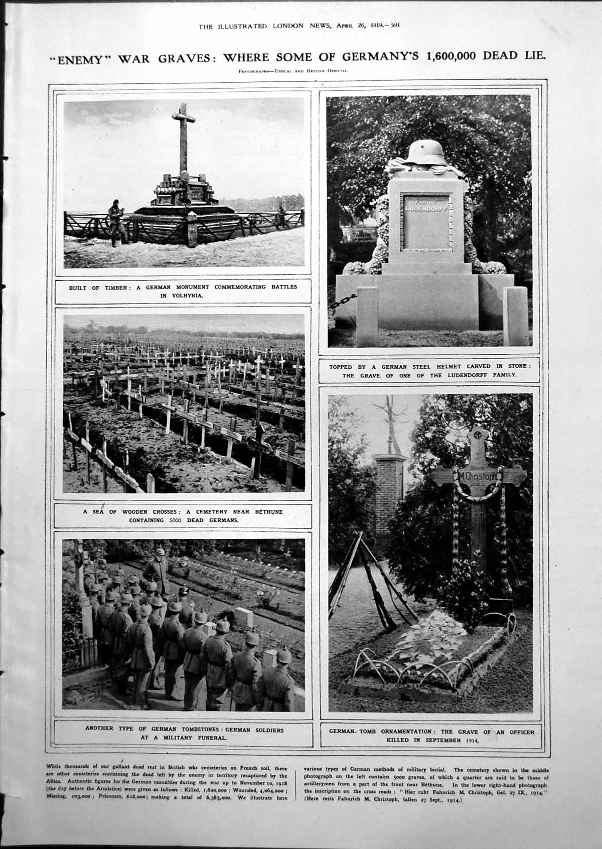 Old Print German War Graves Wooden Crosses British Design Cemetery 1919 20th