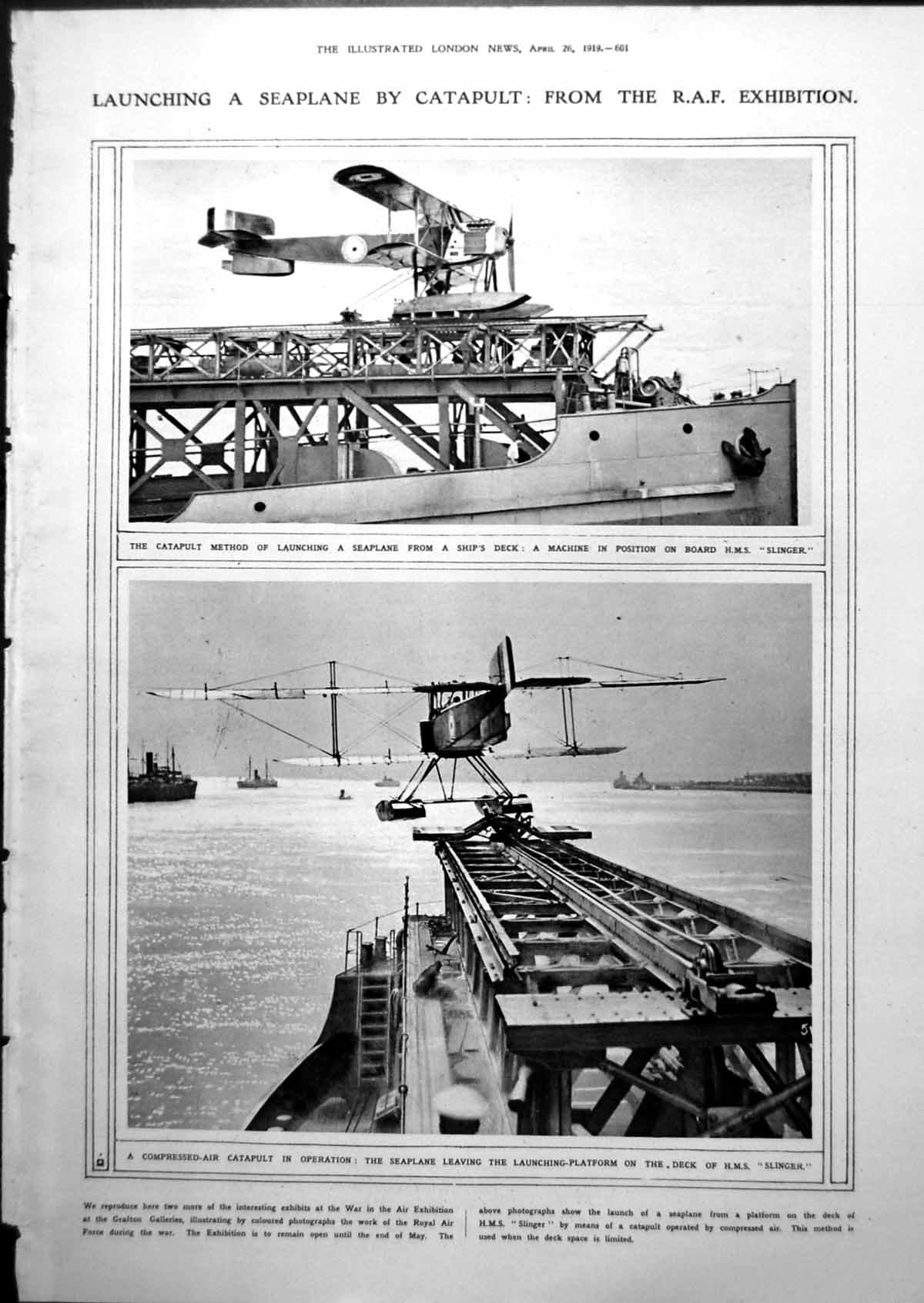 Old Print Catapult Launching Seaplane Ship Inside German Submarine 1919 20th