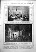 Antique Old Print Hogarth'S Academy New Somerset House Palette Landseer 1919