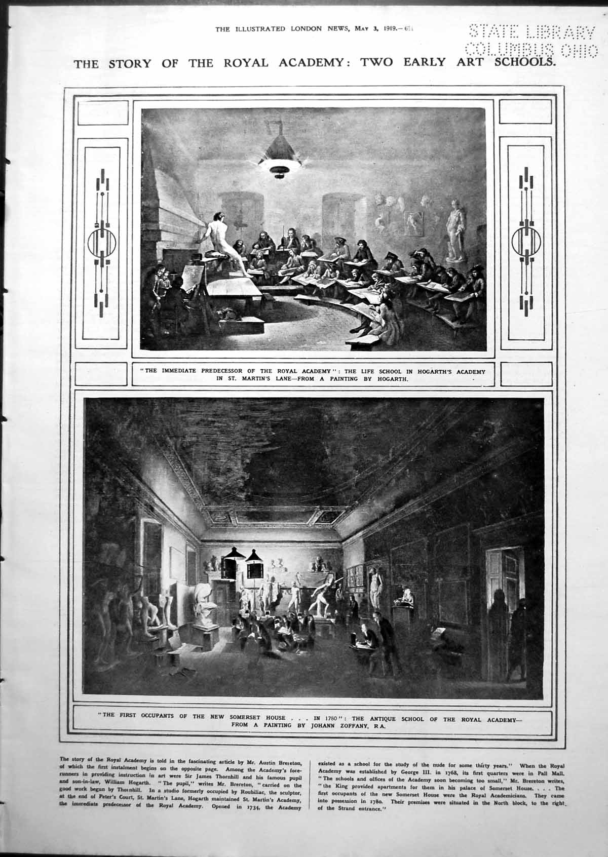 Antique Old Print Hogarth'S Academy New Somerset House Palette Landseer 1919