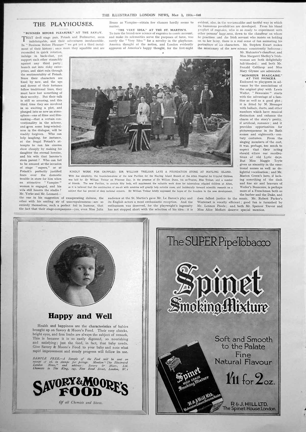 Antique Print Sir William Treloar Lays Foundation Stone Hayling Island 1919