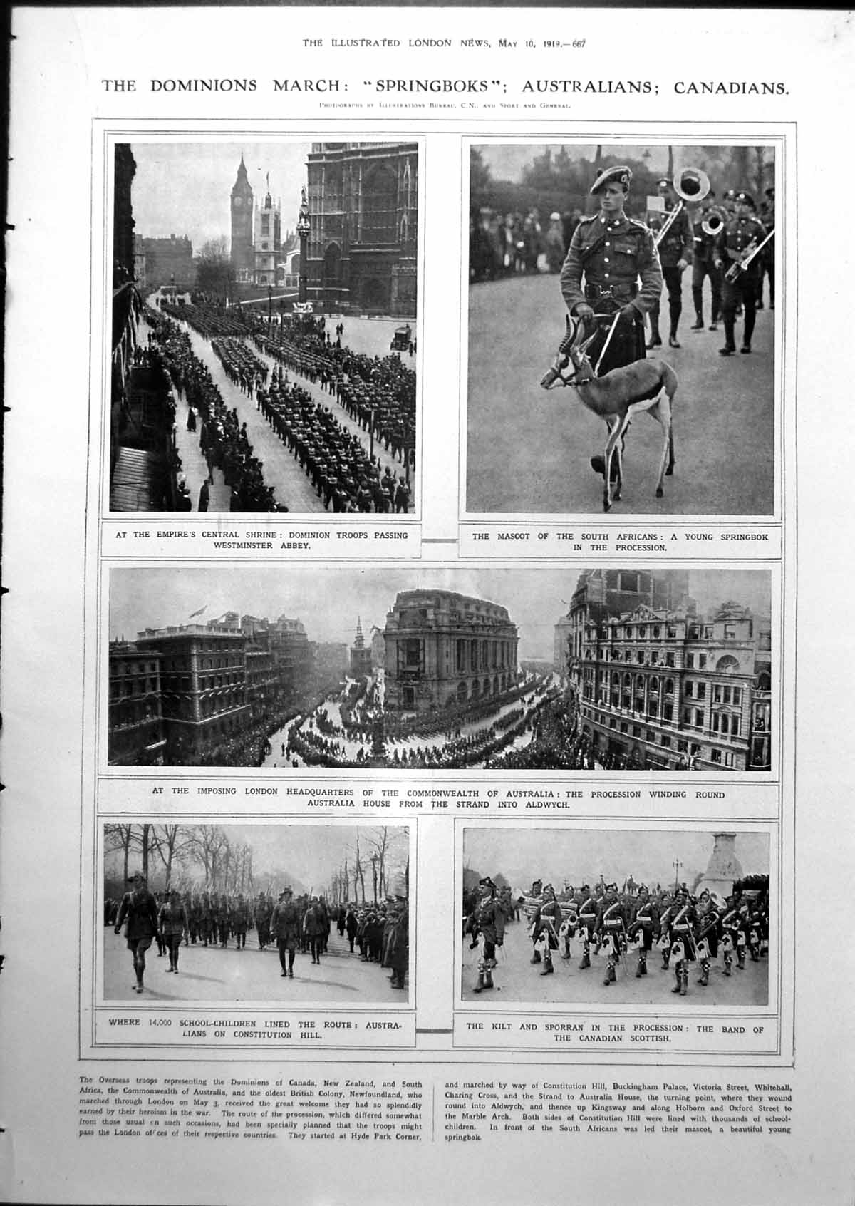 Antique Print Dominions March Springboks Australians Canadians London 1919 20th