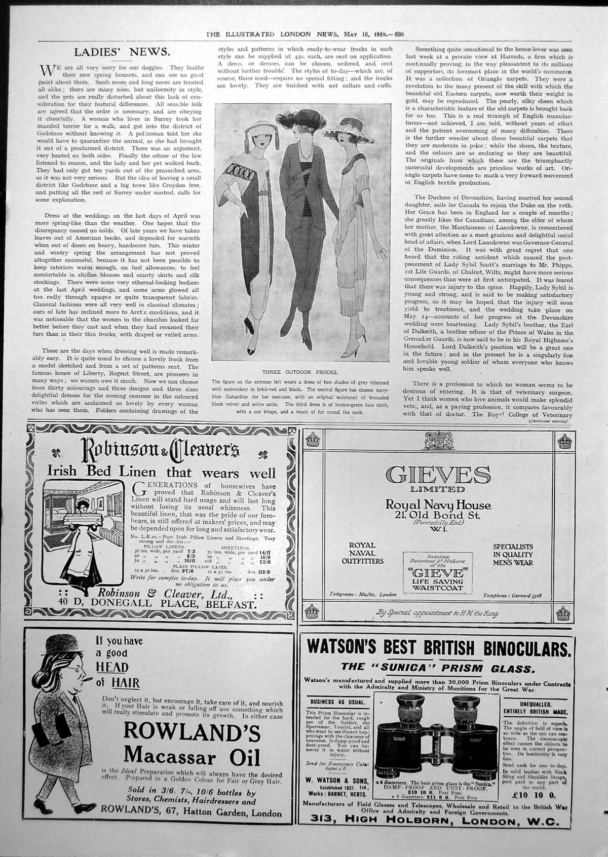 Old Print Three Outdoor Frocks Fur Fringing Embroidery Ladies' News 1919 20th