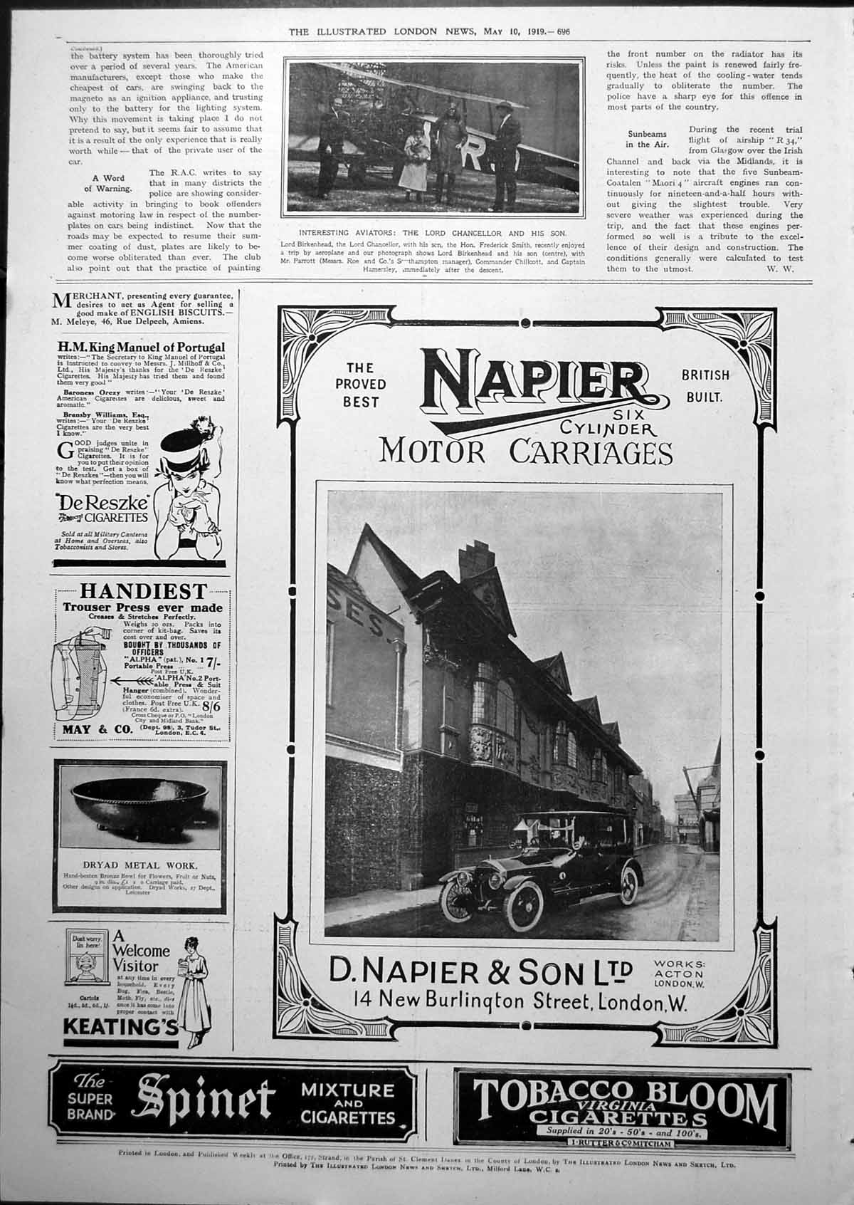 Old Lord Birkenhead Chancellor And Son Aviators Frederick Smith 1919 20th