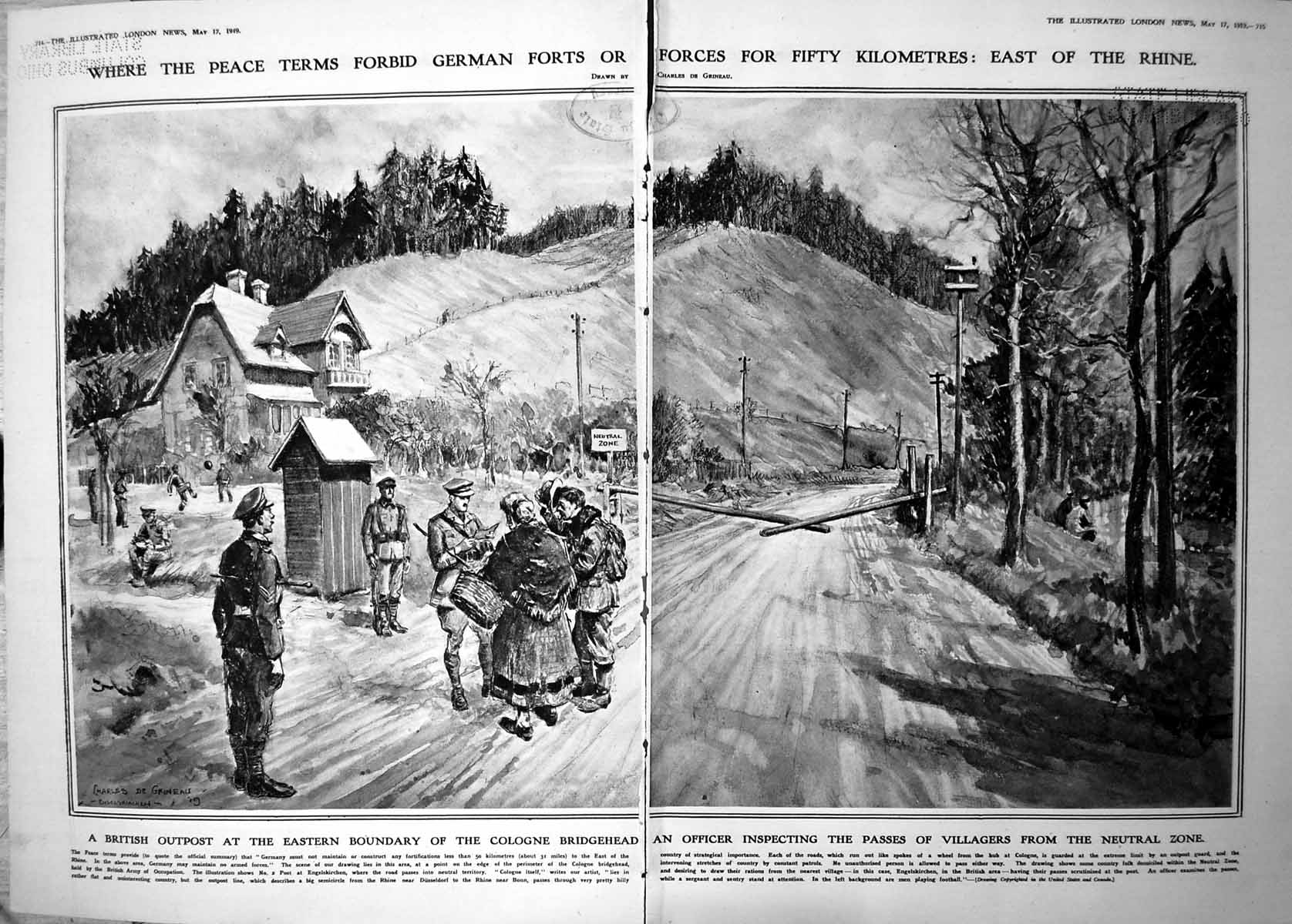 Antique Old Print Damaged British Outpost E Boundary Cologne Bridgehead 1919