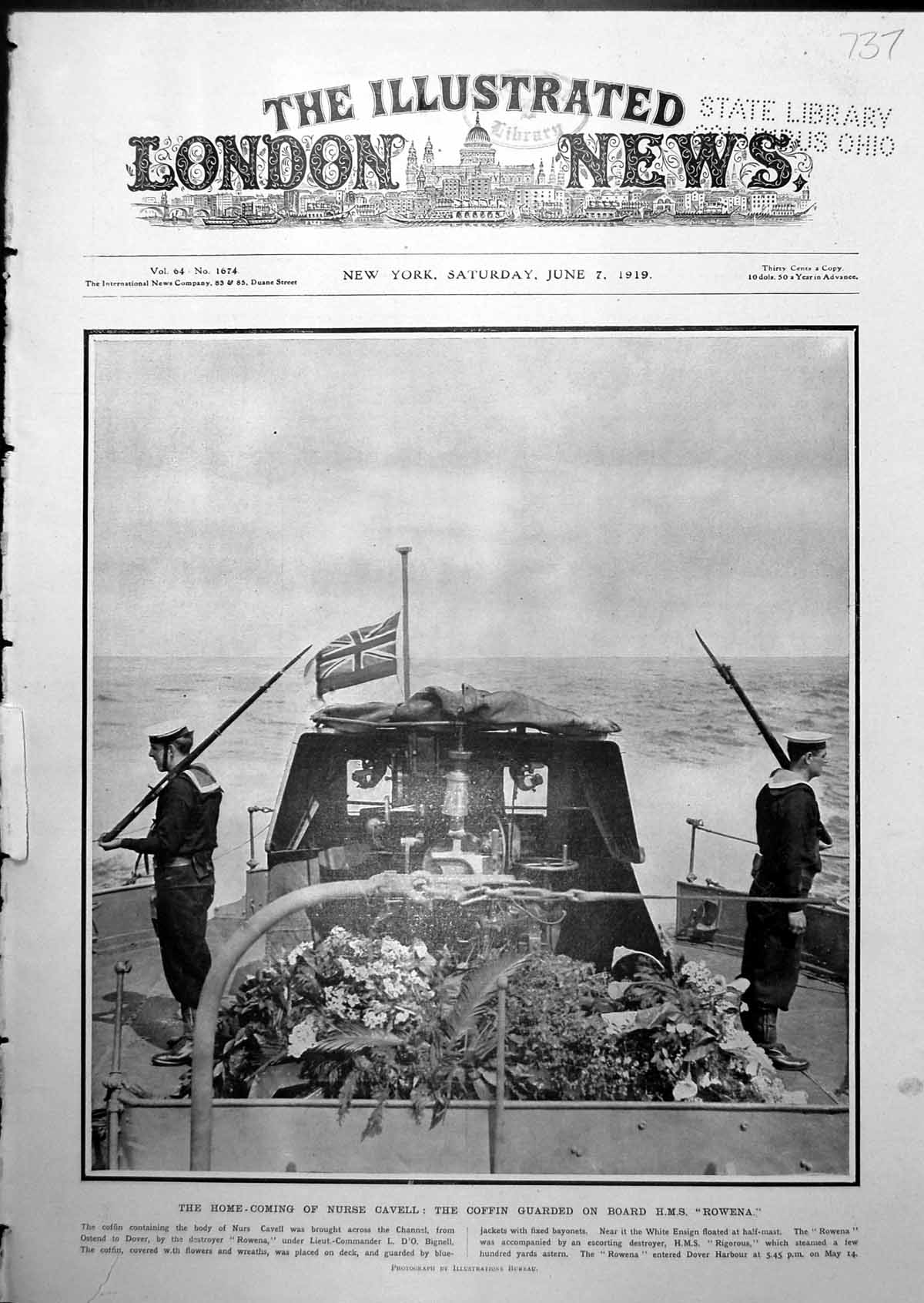 Antique Old Print Nurse Cavell Coffin Returns Dover Dr Renner Austria 1919